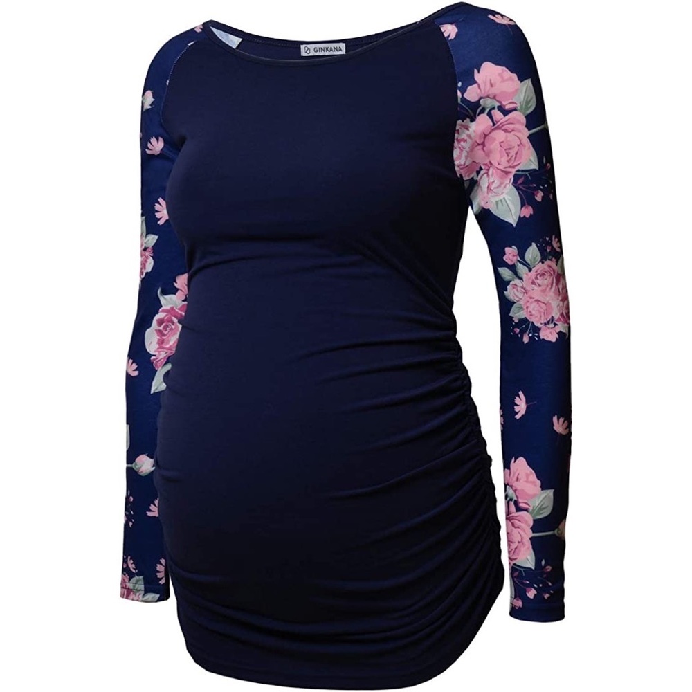 GINKANA Women's Baseball Crew Neck Flower Raglan Sleeve Maternity T-Shirt